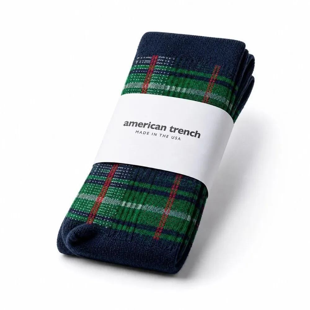 American Trench McCallister Plaid Sock Navy Green Tartan High Crew Men 7-12 USA